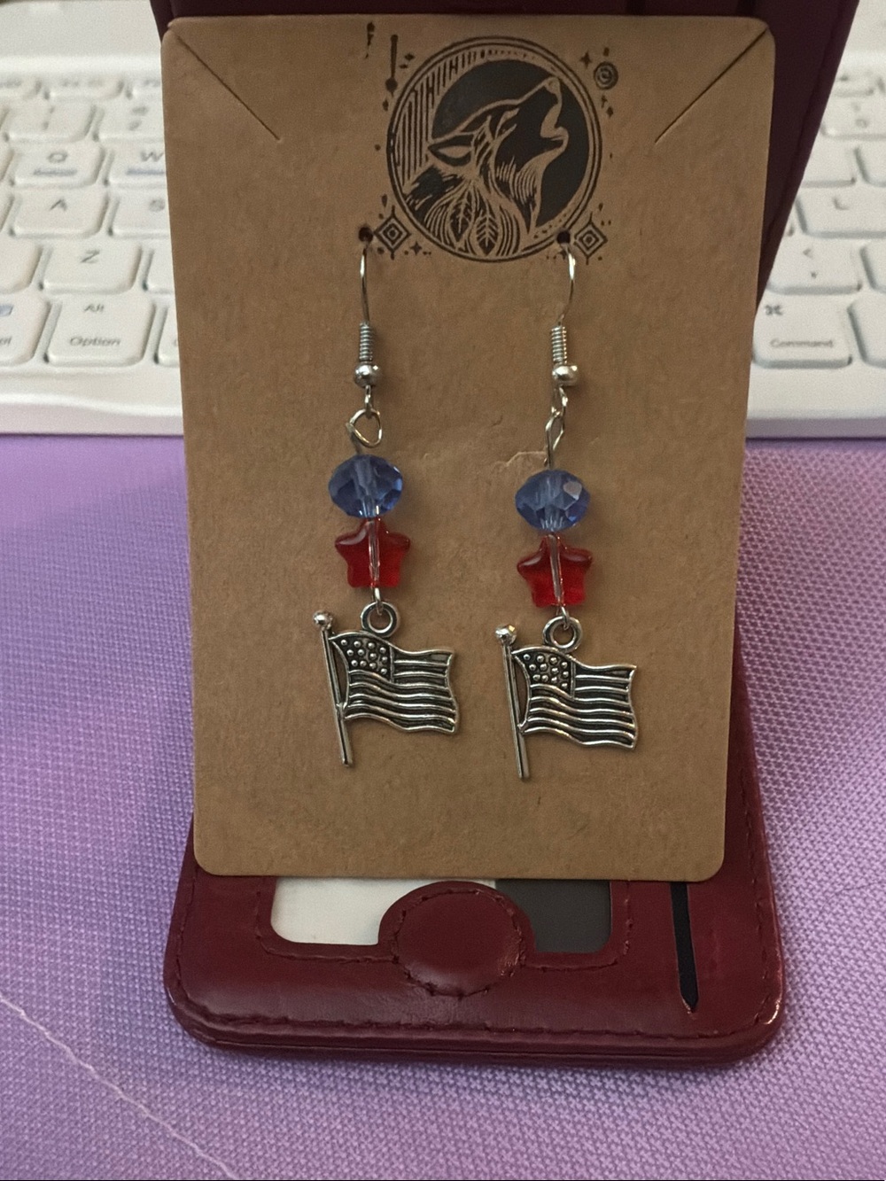 Red & Blue Beaded Flag Dangle Earrings